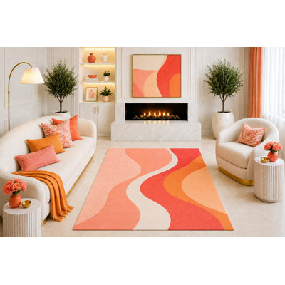 Tapis à motif abstrait de vagues abstraites orange de 5 pi x 7 pi «Ultra Léger», motif géométrique moderne rétro pour le salon, la salle à manger et le revers en silicone antidérapant