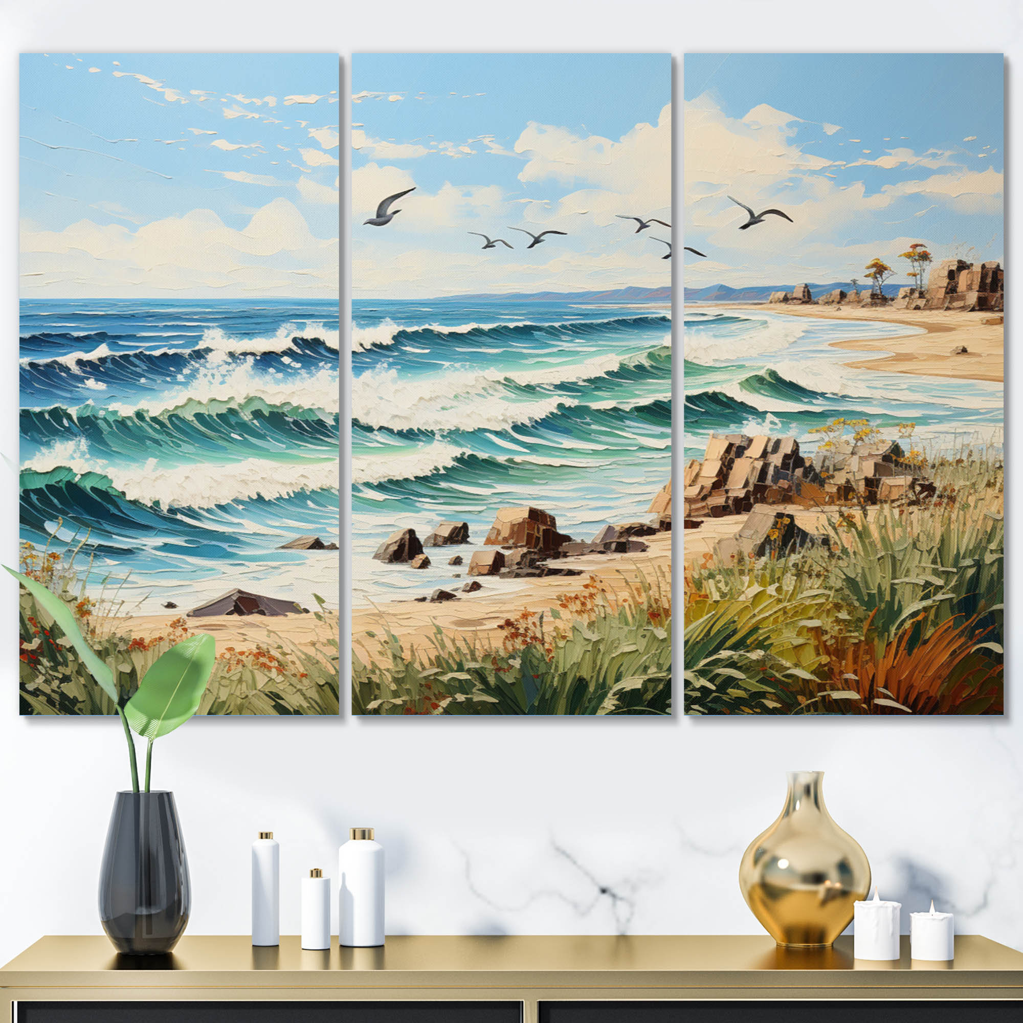 Picture of DesignArt Seagulls In Flight Over Beach II - Nautical & Beach Metal ...