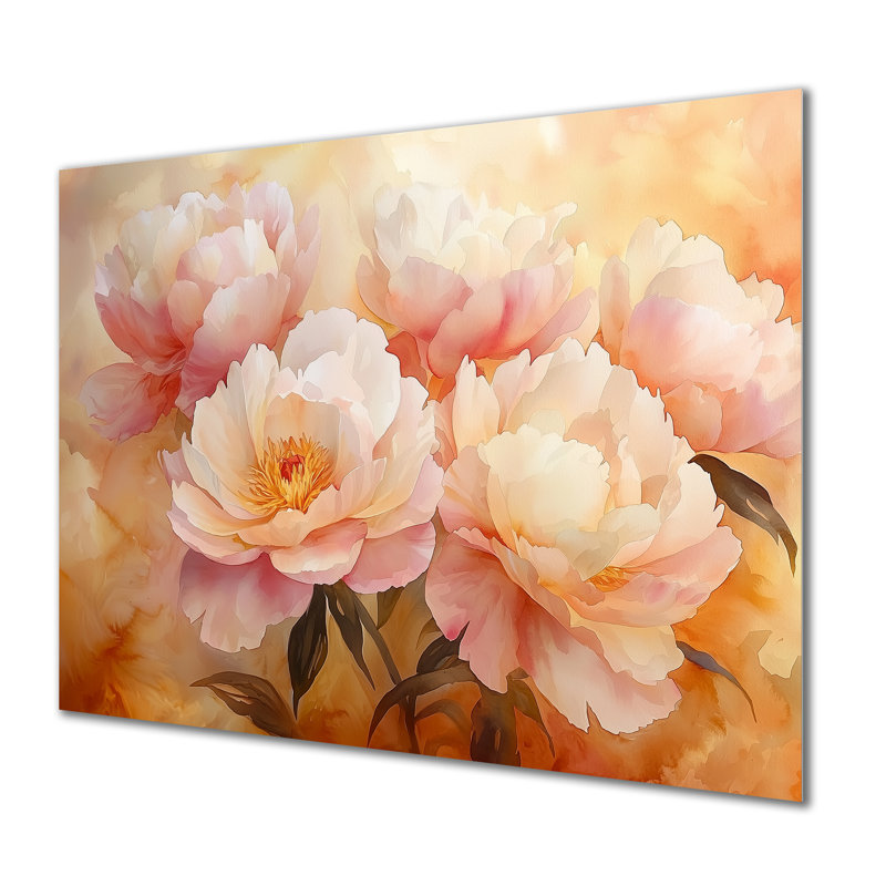 Pivoines au lever du soleil I - pivoines, reproduction métallique, H 12 po x l 20 po