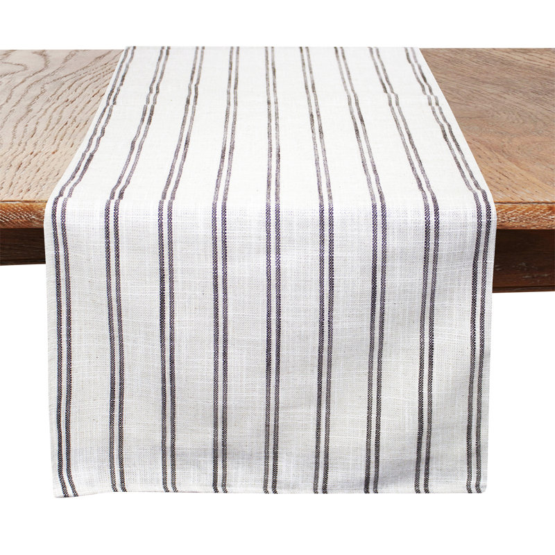 Beige-white Modern Striped Linen Blend Table Runner, 90" x 16" , Slate/White