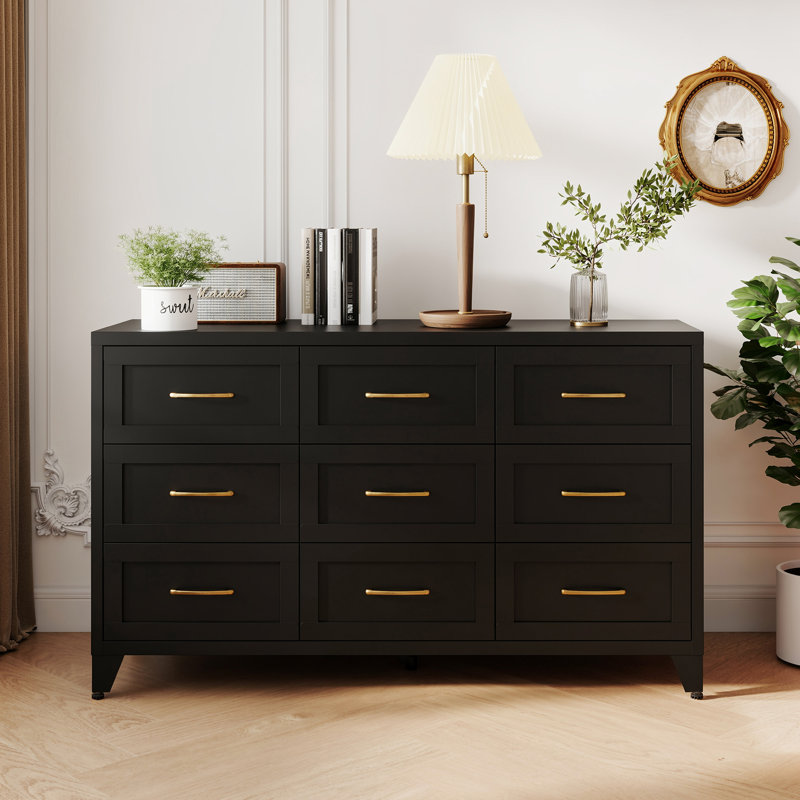 Commode en métal à 9 tiroirs de 52 po de largeur Bizoe, grande armoire de rangement moderne pour le salon, le couloir et la chambre à coucher