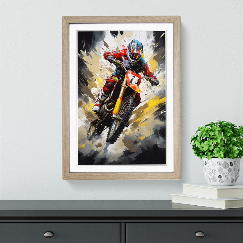 Motorbike Tachisme - Single Picture Frame Print on Wood, Oak Framed, 34cm H x 25cm W x 2cm D