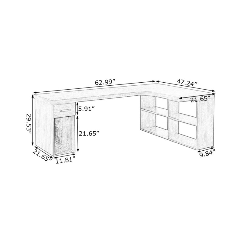 Bureau de direction en L en bois massif avec tiroirs, 29.53" H x 62.99" W x 47.24" D, Retour à droite