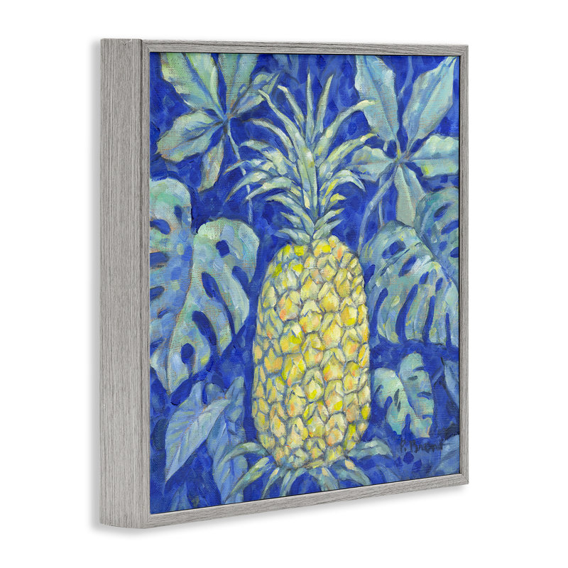 Ananas tropical sur giclée encadrée bleue, design par Paul Brent, H 17 po x l 17 po, Estampe numérique Farmhouse