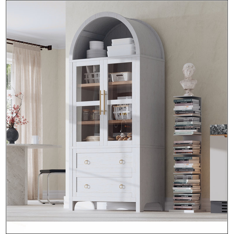 Tall Arched Kitchen Pantry Cabinet with 2 Large Drawers, Adjustable Shelves, and Glass Door for Modern Farmhouse Storage