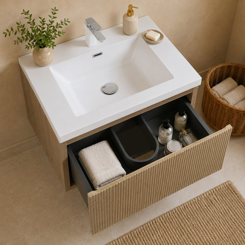 Meuble-lavabo flottant en chêne naturel 24 po avec lavabo simple blanc brillant RIVEN, Beige, 24 po