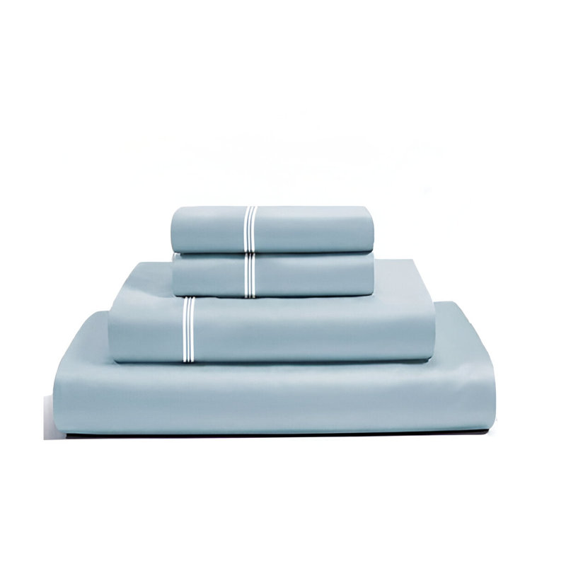 400TC Cotton Classic Luxurious Embroidery Cotton 4 Piece Sheet Set Fitted Sheet Fits Upto 16" Deep Pocket, Light Blue/White