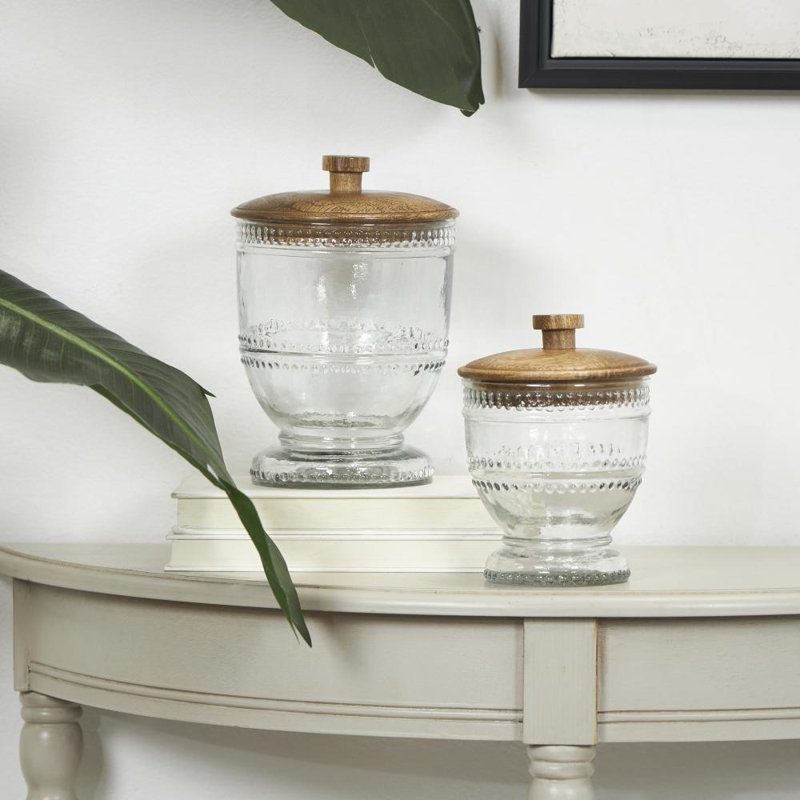 Glass Beaded Clear Decorative Jars with Wood Lids Set