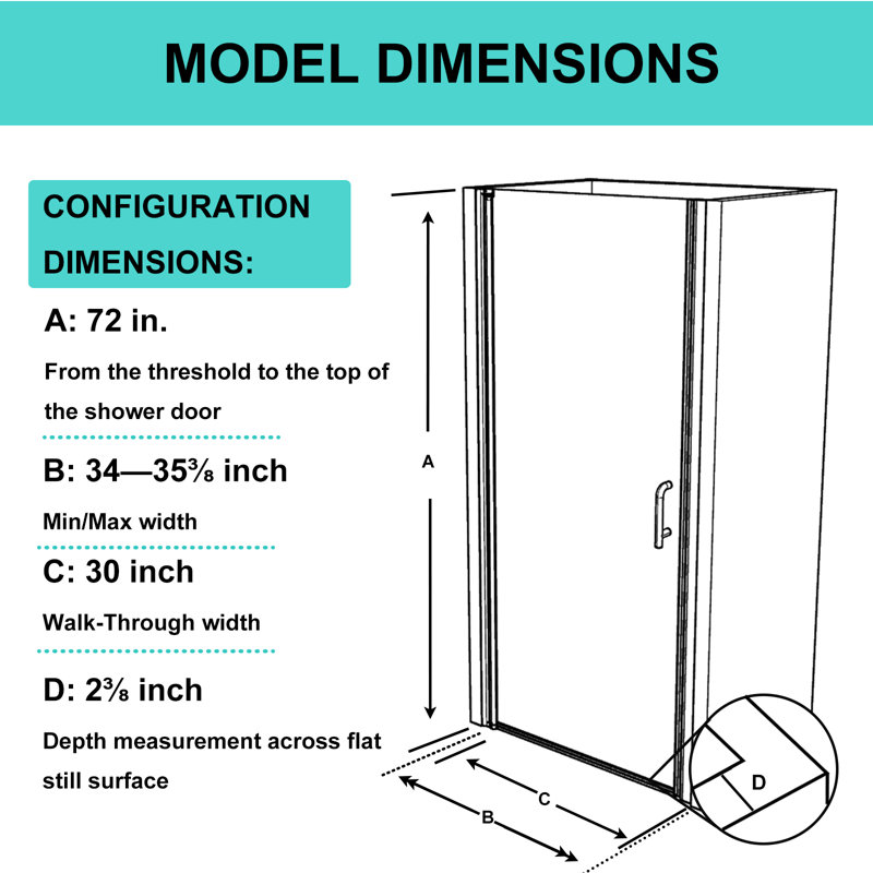 34-36 in. W x 72 in. H Pivot Semi-Frameless Shower Door With Clea SGCC-certified Glarss, Brushed Nickel