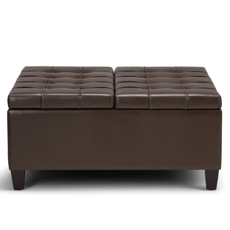 Harrison 36"W Upholstered Vegan Leather Transitional Square Lift-Top Ottoman with Hidden Storage