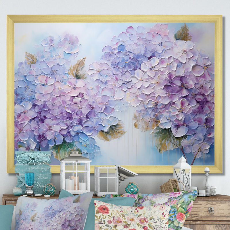 Fleurs d'hirangées mauves paradisiaques I - champ de fleurs, art mural, H 12 po x l 20 po x P 1 po, Cadre doré simple
