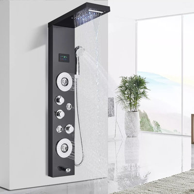 Black Stainless Steel Shower Panel Tower System LED Rain Waterfall 5-Functions Faucet