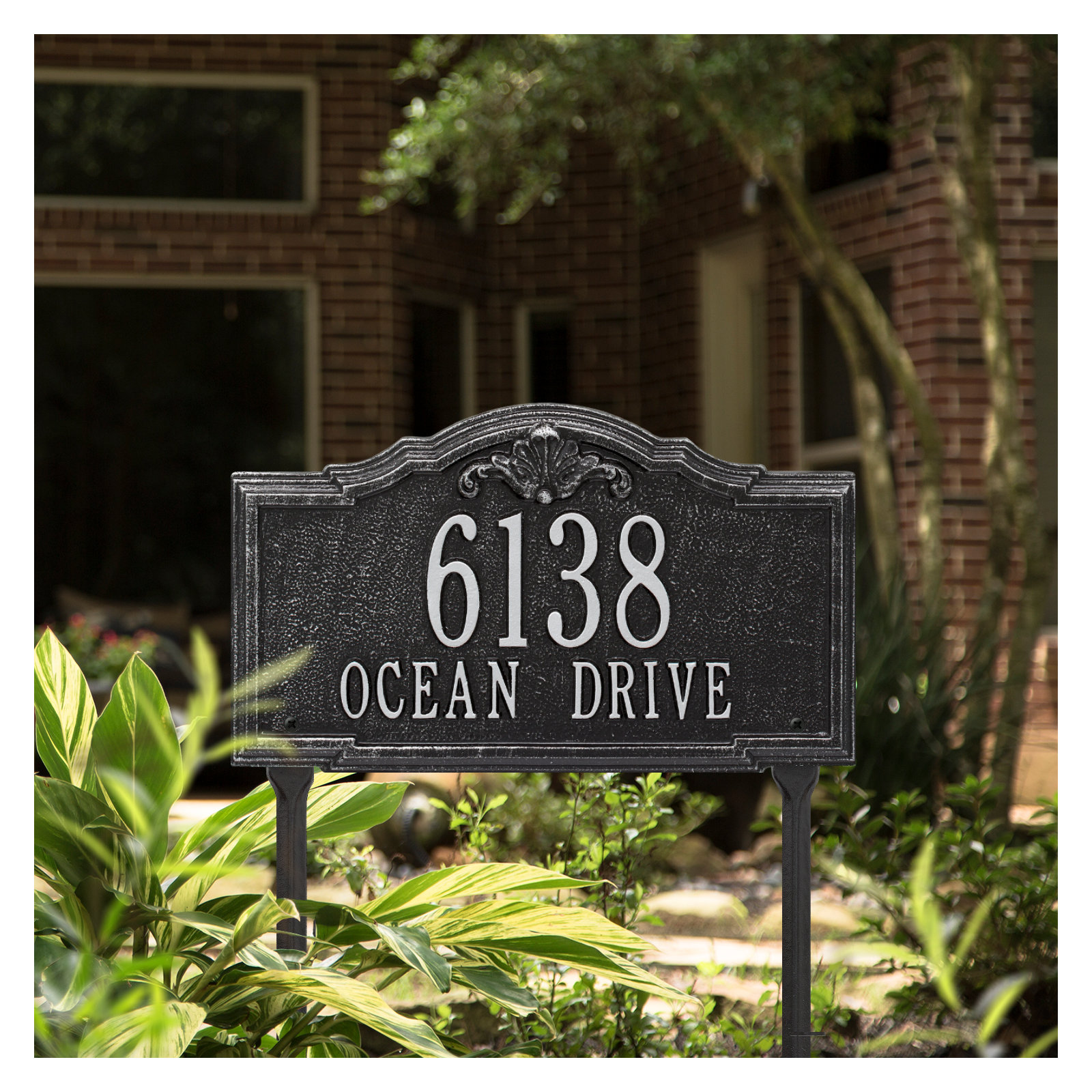 Gatewood Personalized Standard 2-Line Lawn Address Sign, Black/Silver, Yes