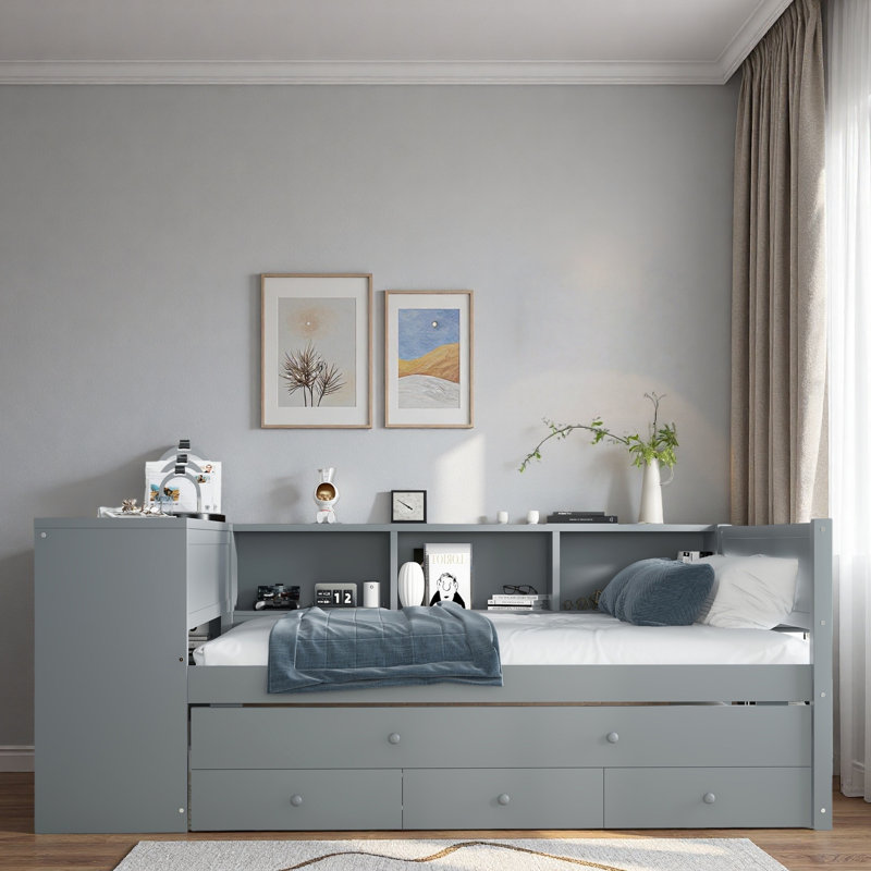 Wood Daybed With Trundle, Storage Drawers, Side Shelves And Desk, Gray, Full/Double