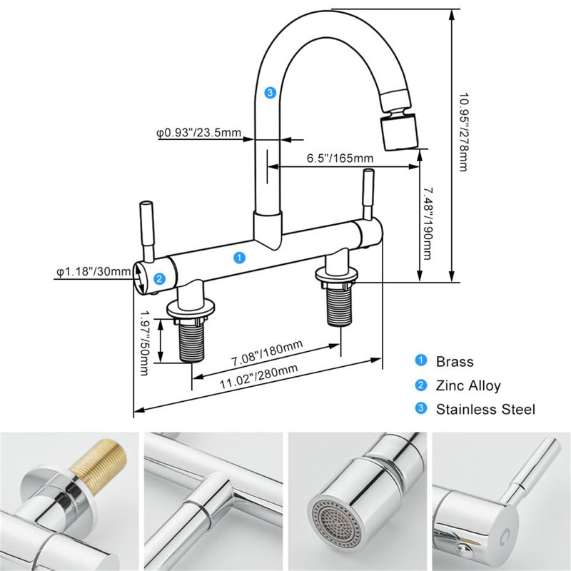2 Hole Kitchen Sink Mixer Tap, Bridge Kitchen Mixer Taps, Stainless Steel