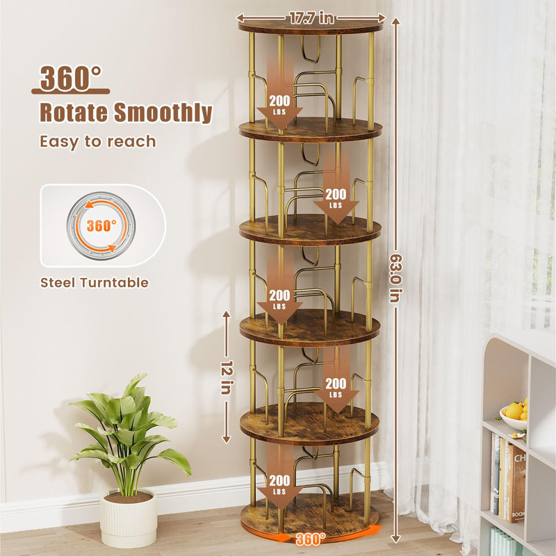 Bibliothèque rotative empilable à 5 niveaux, Doré, (5 tablettes) H 63 po x l 17,7 po x P 17,7 po