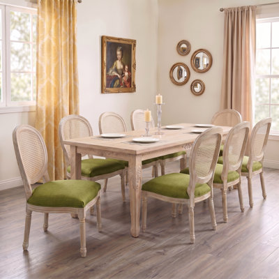 French Country Dining Chairs, Upholstered Chairs with Nature Rattan Round Back, for Living Room, Kitchen , Restaurant Use, Green