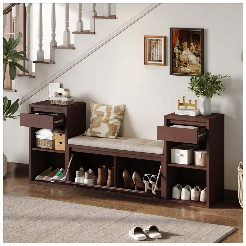 Banc de rangement tout-en-un avec coussin, compartiments, tiroirs et tablettes ouvertes, banc de rangement, Espresso