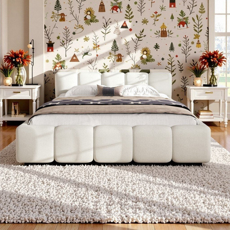 King Size Platform Bed with Thick Linen Headboard and Footboard Block Style Upholstered Grounded Design, King, White