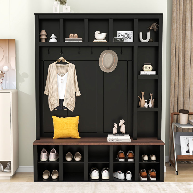 Modern Wooden Hall Tree with Bench, Adjustable Shelves, Shoe Storage and Hooks for Entryway, Black