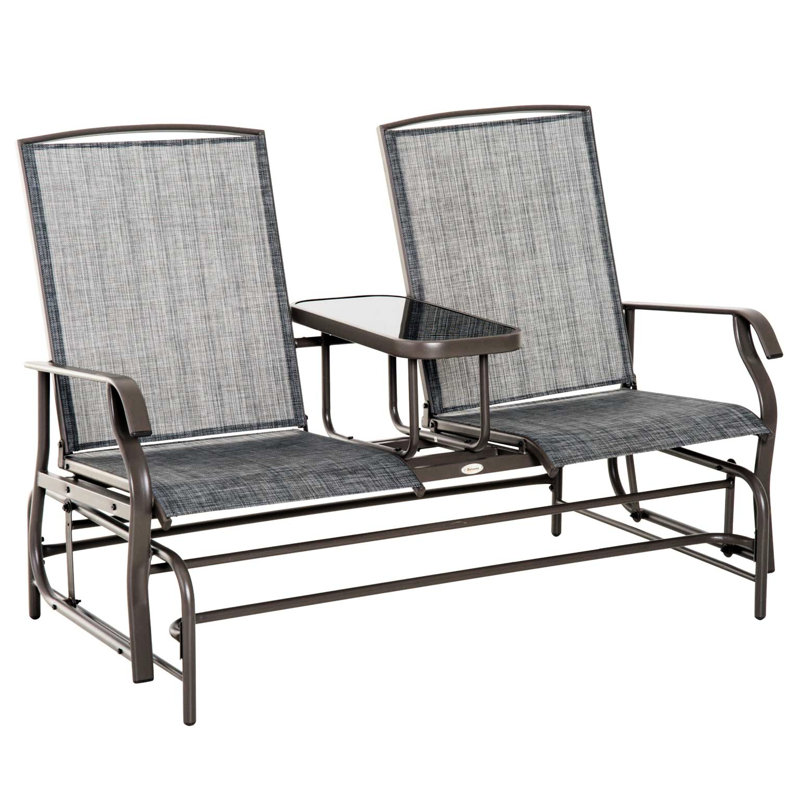 Metal Frame Glider Bench With Table Integration Feature. Gray Patio For Outdoor Spaces. Double Gliding Enjoyment. Breathable Mesh. 726 Lbs. Capacity. Backyard, Garden, Porch Select. 32"D X 58.25"W