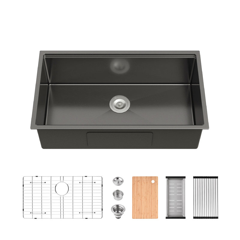 Évier de cuisine 33 po x 19 po multifonctionnel encastré en acier inoxydable S304, Noir