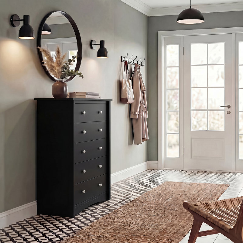 Commode moderne à 5 tiroirs avec ensemble anti-basculement, grande commode en bois pour le rangement de la chambre à coucher ou du salon