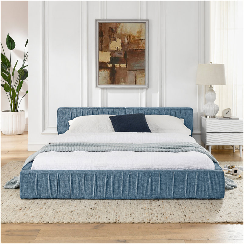 Grand cadre de lit tapissier grand avec tissu en chenille avec motif plissé, lit plateforme grand avec base et tête de lit. Aucun sommier tapissier requis - bleu