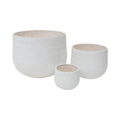 Ensemble de 3 pots de fleurs ronds en oxyde de magnésium à motif de tissage blanc avec trou de drainage pour jardin extérieur