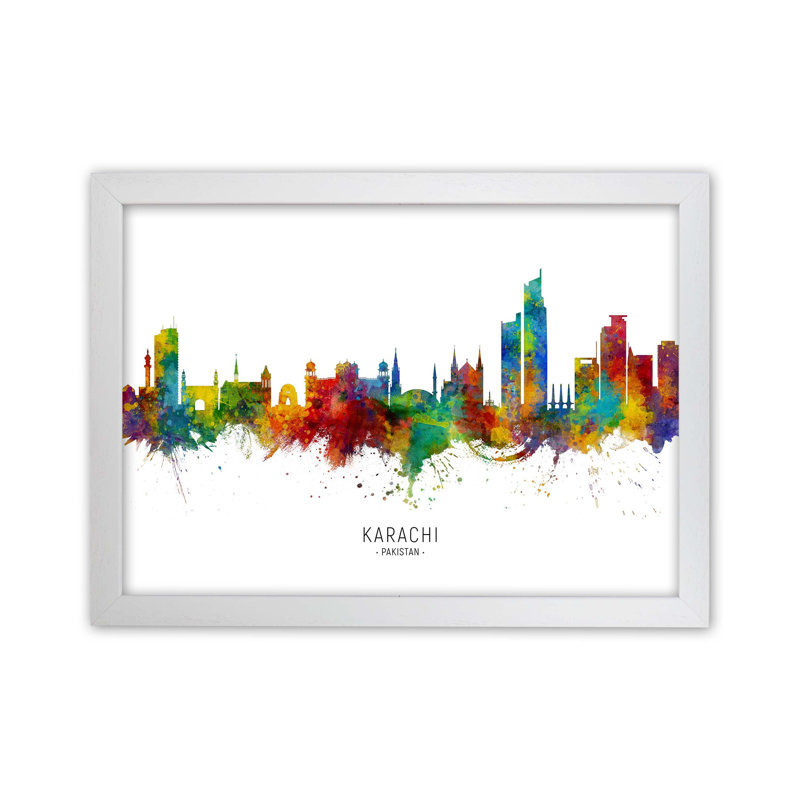Karachi Pakistan Skyline by Michael Tompsett - Print, White Framed, 34cm H x 46cm W x 3cm D