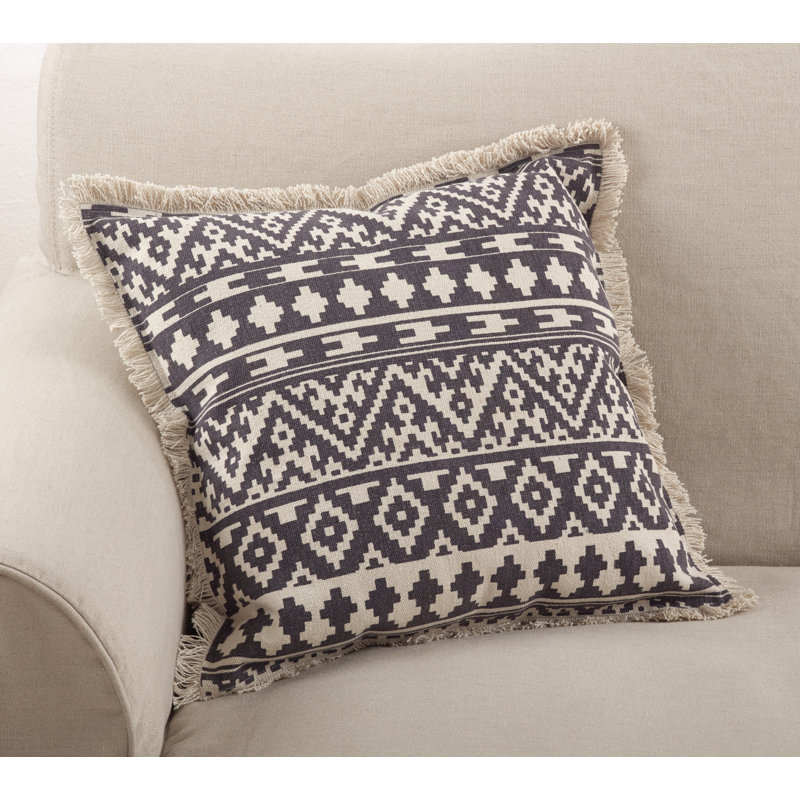 Aztec Tribal Fringe Trim Cotton Throw Pillow