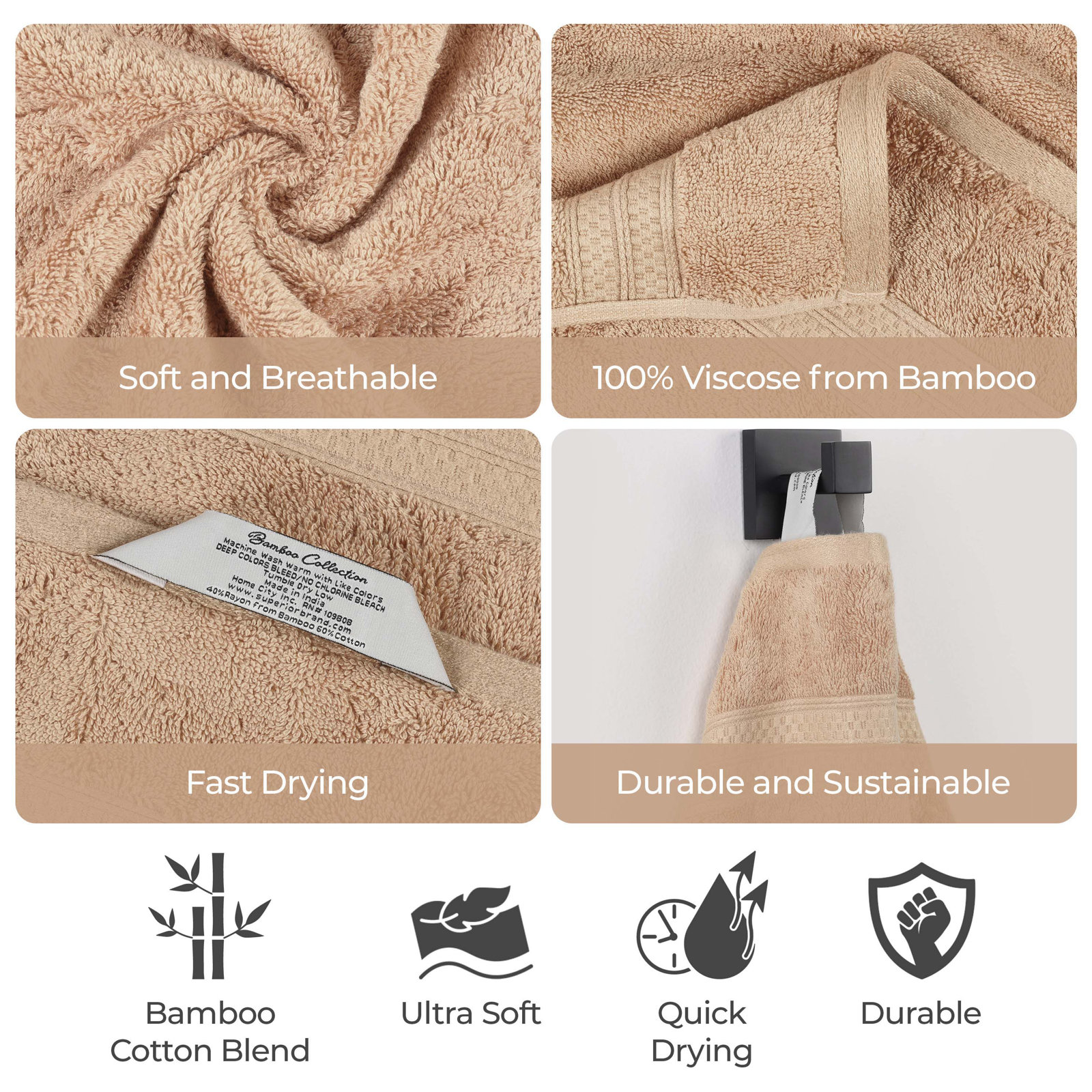 Nolhan 6-Piece Bamboo Cotton Towel Set, Sand