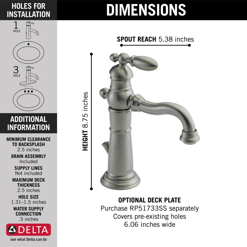 Robinet de salle de bain victorien à un trou avec drain, Acier inoxydable