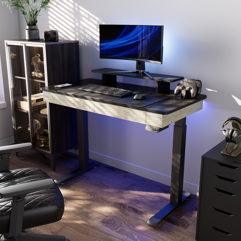 Metal Base Standing Desk with Power Outlet, 122cm H x 120cm W x 61cm D, Black/Light Brown
