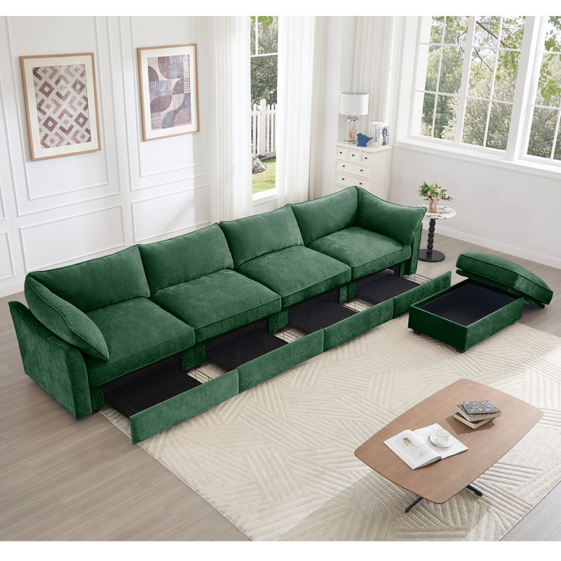 Canapé modulaire en L à 4 places avec 1 canapé-lit mobile, en chenille, en forme de croissant, avec dossier et accoudoirs, rangement caché dans le siège et le repose-pieds, idéal pour les intérieurs nordiques modernes,