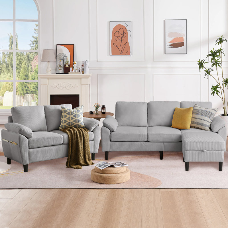 Ensemble de canapé 3 pièces 79,72 "en velours côtelé avec repose-pieds et causeuse, Light Gray