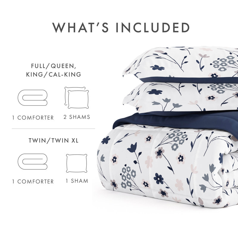 Twin Navy Floral Down Alternative Reversible Comforter Set