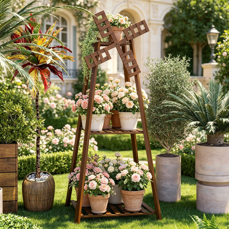 Support pour plante en bambou à 3 niveaux avec dessus de moulin à vent, support de présentation rétro pour jardin intérieur extérieur, patio, décoration de balcon