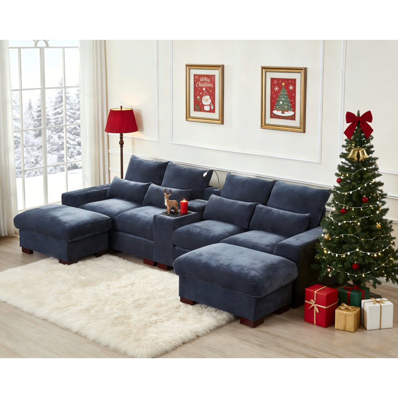 6-Seat Module Sectional Chenille Fabric Sofa With Console&Ottoman, Dark Gray Chenille