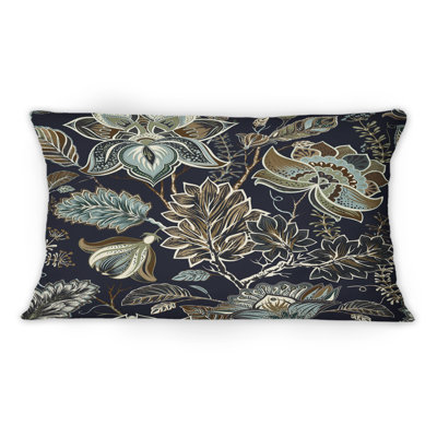 Vintage Dark Green Flowers In Provence Style -1 Patterned Printed Throw Pillow