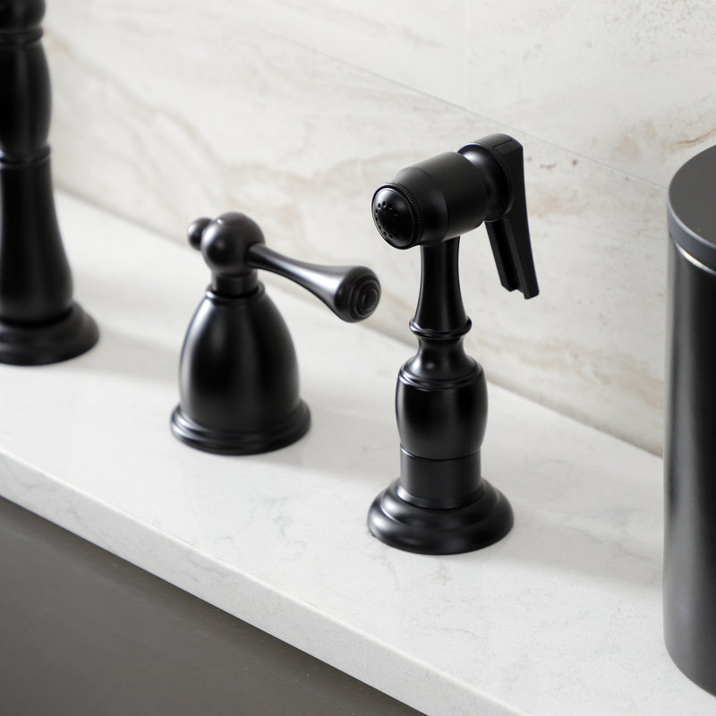 Kingston Brass Heritage Double-Handle 4-Hole Widespread Kitchen Faucet with Brass Sprayer, Matte Black