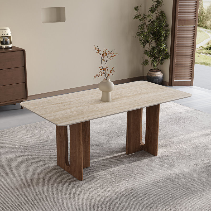 63'' Beige Sintered Stone Dining Table for 6, Rectangle Modern Dining Table with Double Brown Wood Legs, Mid Century Modern Kitchen Table