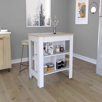 Îlot de cuisine, table de cuisine H 35 po, trois tablettes de rangement ouvertes, quatre pieds