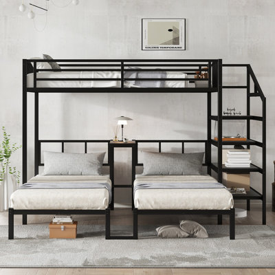Twin over Twin & Twin Bunk Beds for 3, Twin XL over Twin & Twin Bunk Bed Metal Triple Bunk Bed with Desk & Shelves, Space Saving/Noise Reduction, Black