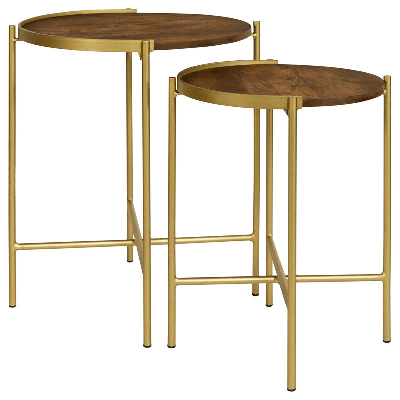 Table gigogne ronde en bois brun et doré 2 pièces Genevieve (seulement avec table basse)