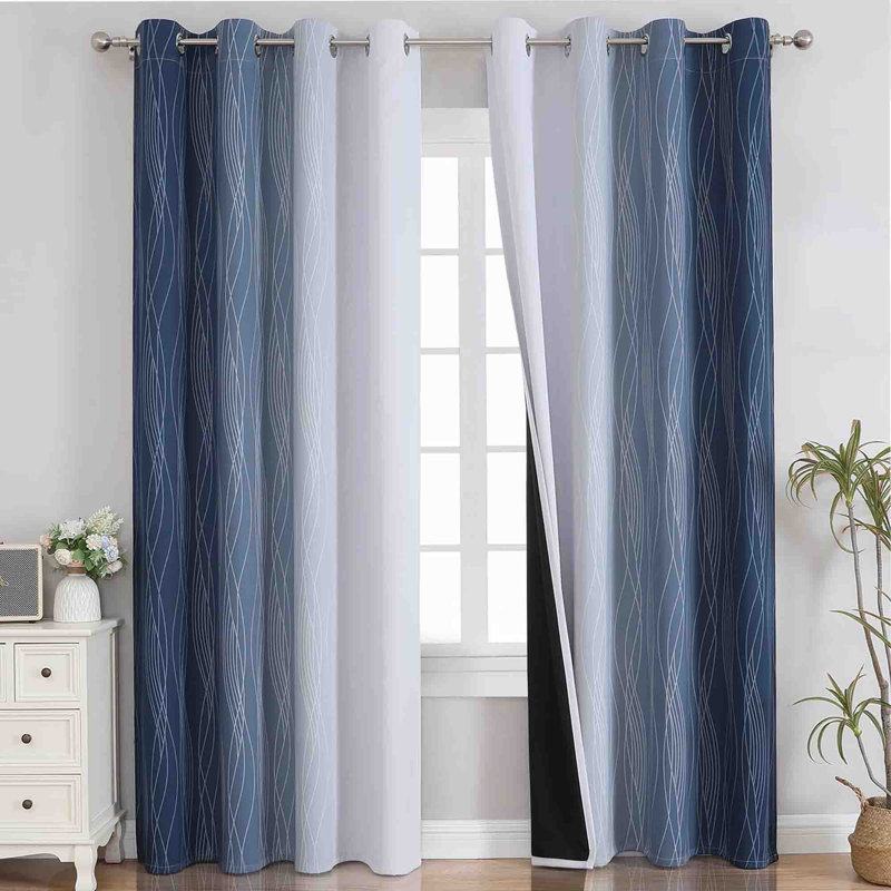 Polyester Blackout Curtain Pair (Set of 2), Navy Blue and Greyish White