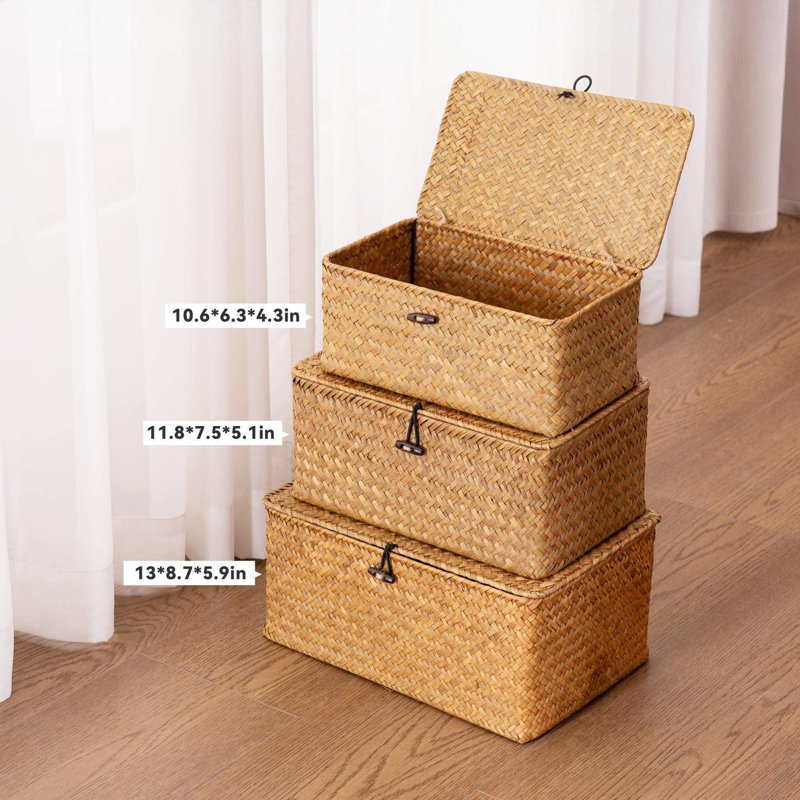 Ensemble de 3 paniers de rangement rectangulaires avec couvercles Natural Seagrass