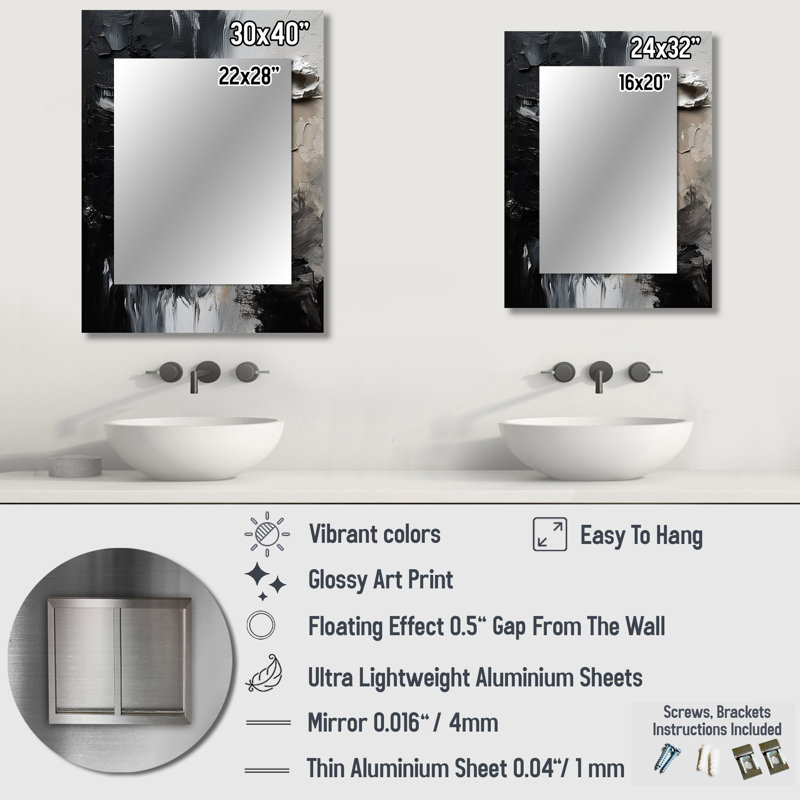 Black Textured Splash Paint Art II - Abstract Painting Unique Wall Mirror Decor, Modern Large Mirror, Printed Metal Art