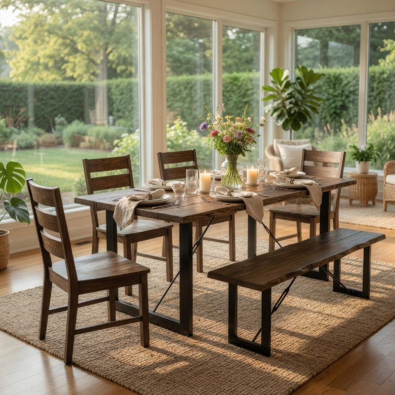 Ensemble de table de salle à manger Giga 6 pièces avec banc, 4 chaises à dossier à lattes, noyer-noir