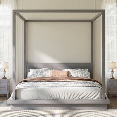 King size Wooden Canopy Platform Bed with Headboard, Gray